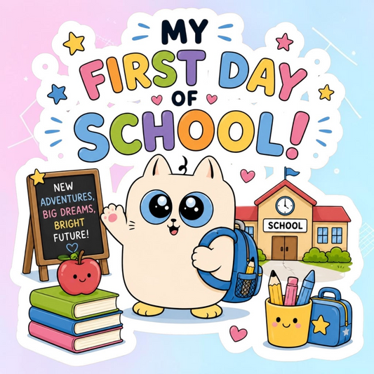 Adhesivo Dress freely de regreso a clases con un gatito tierno, libros, mochila y pizarra en diseño colorido.